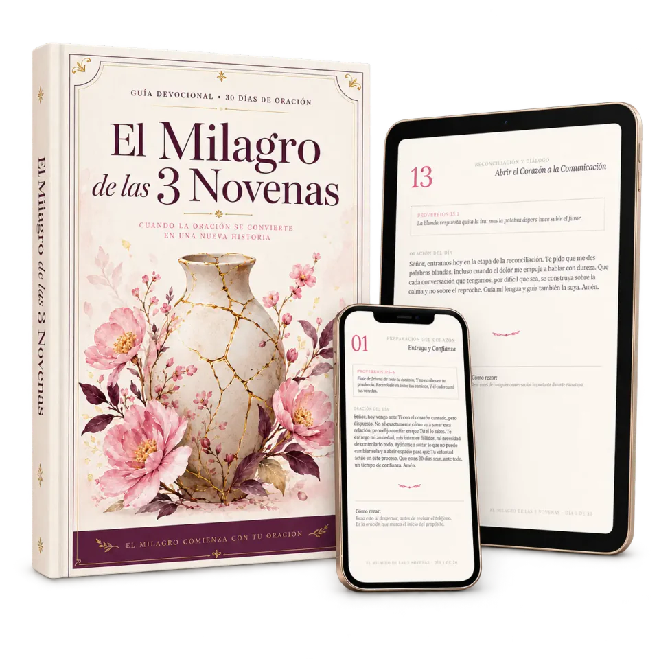 El Milagro de las 3 Novenas en libro, tableta y teléfono